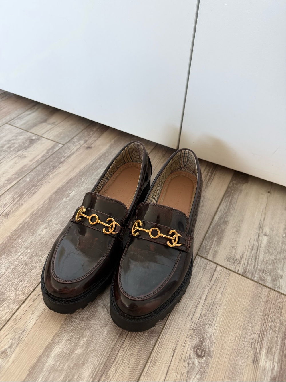Sam Edelman Brown Patent Leather Bit Loafers with Gold Hardware
